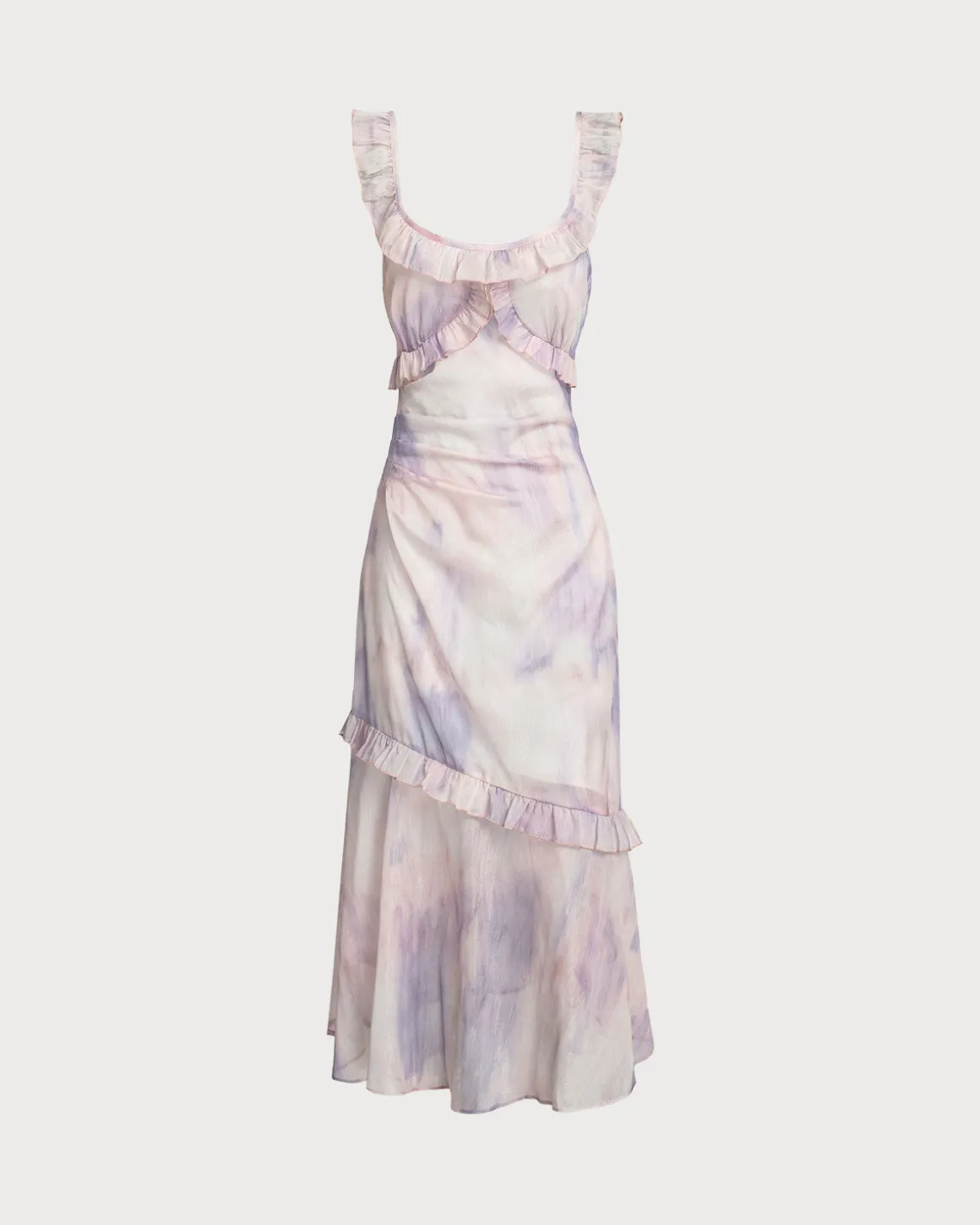Purple Floral U Neck Ruffle Midi Dress