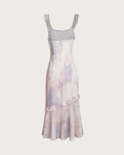 Purple Floral U Neck Ruffle Midi Dress