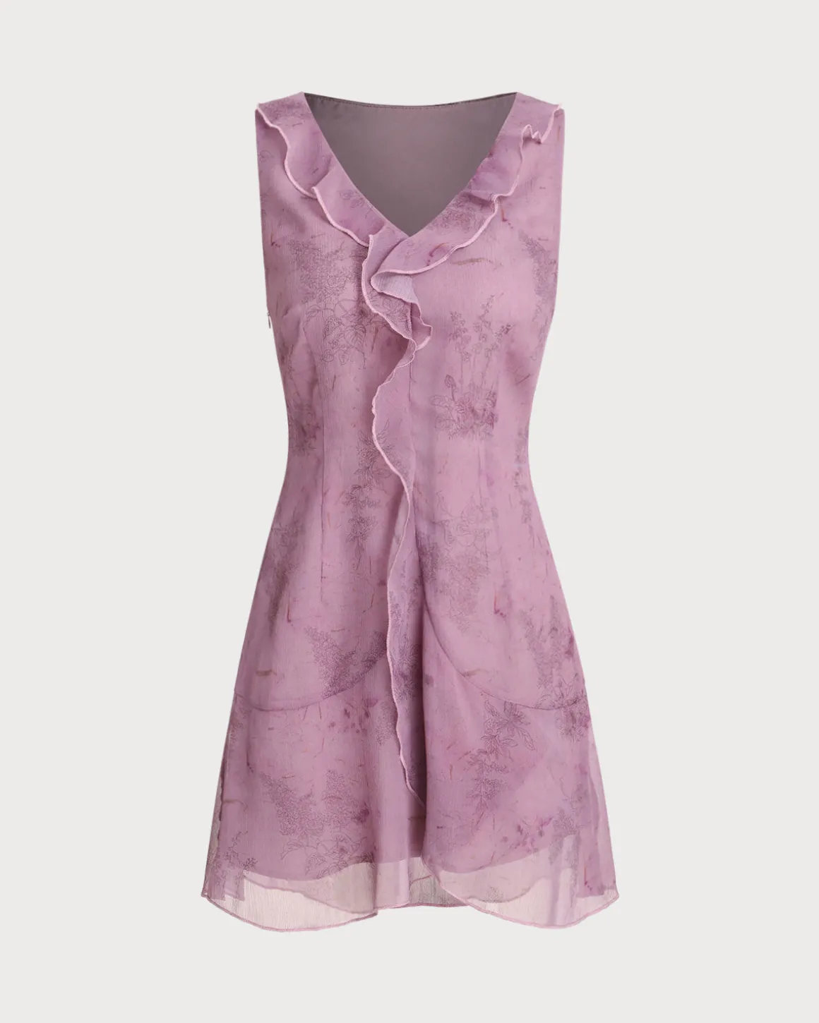Purple Floral V Neck Ruffle Sleeveless Mini Dress