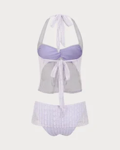 Purple Lace Halter Tankini Swimsuit