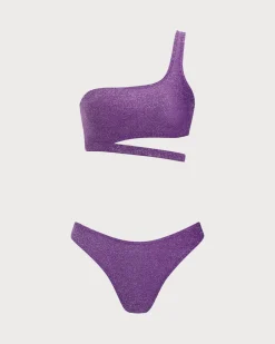 Purple Lurex One Shoulder Bikini Set