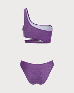Purple Lurex One Shoulder Bikini Set