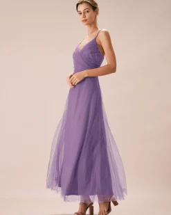 Purple Mesh Wrap Slip Maxi Dress