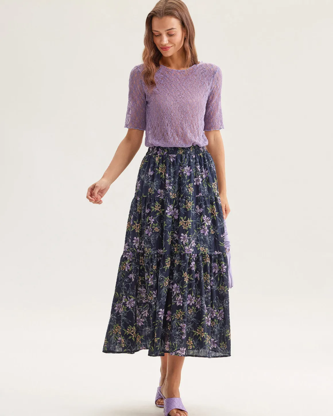 Purple Round Neck Textured Half Sleeve Tee