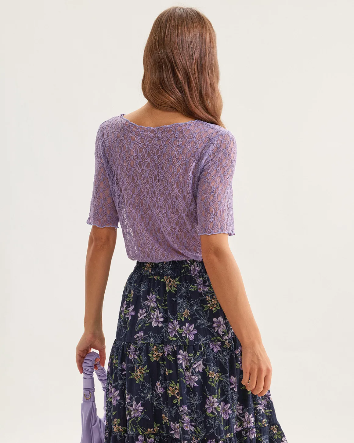 Purple Round Neck Textured Half Sleeve Tee