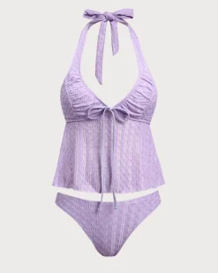 Purple Ruched V-Neck Tankini Swimsuit