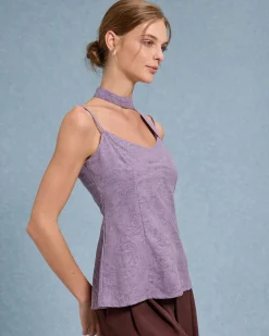Purple Tie Neck Linen Cami Top