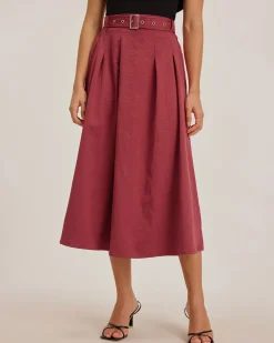 Red Belt Flared Midi Skirt