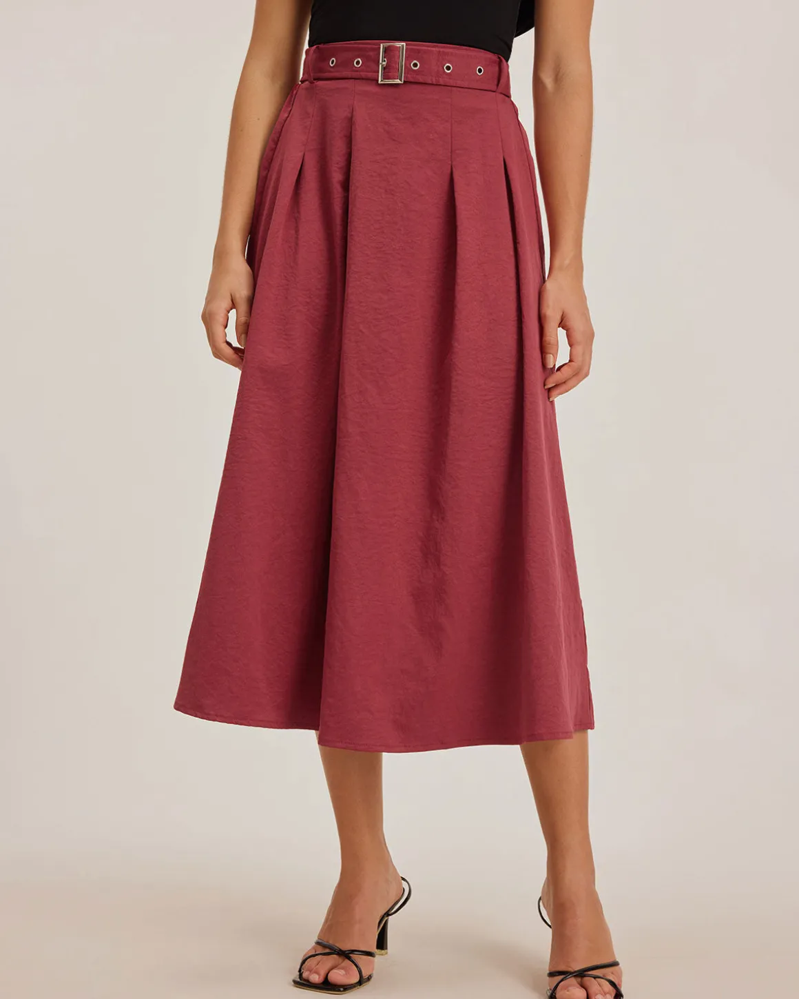 Red Belt Flared Midi Skirt