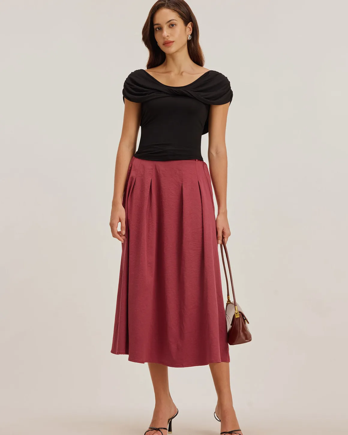 Red Belt Flared Midi Skirt