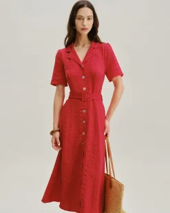 Red Belted A-Line Midi Dress