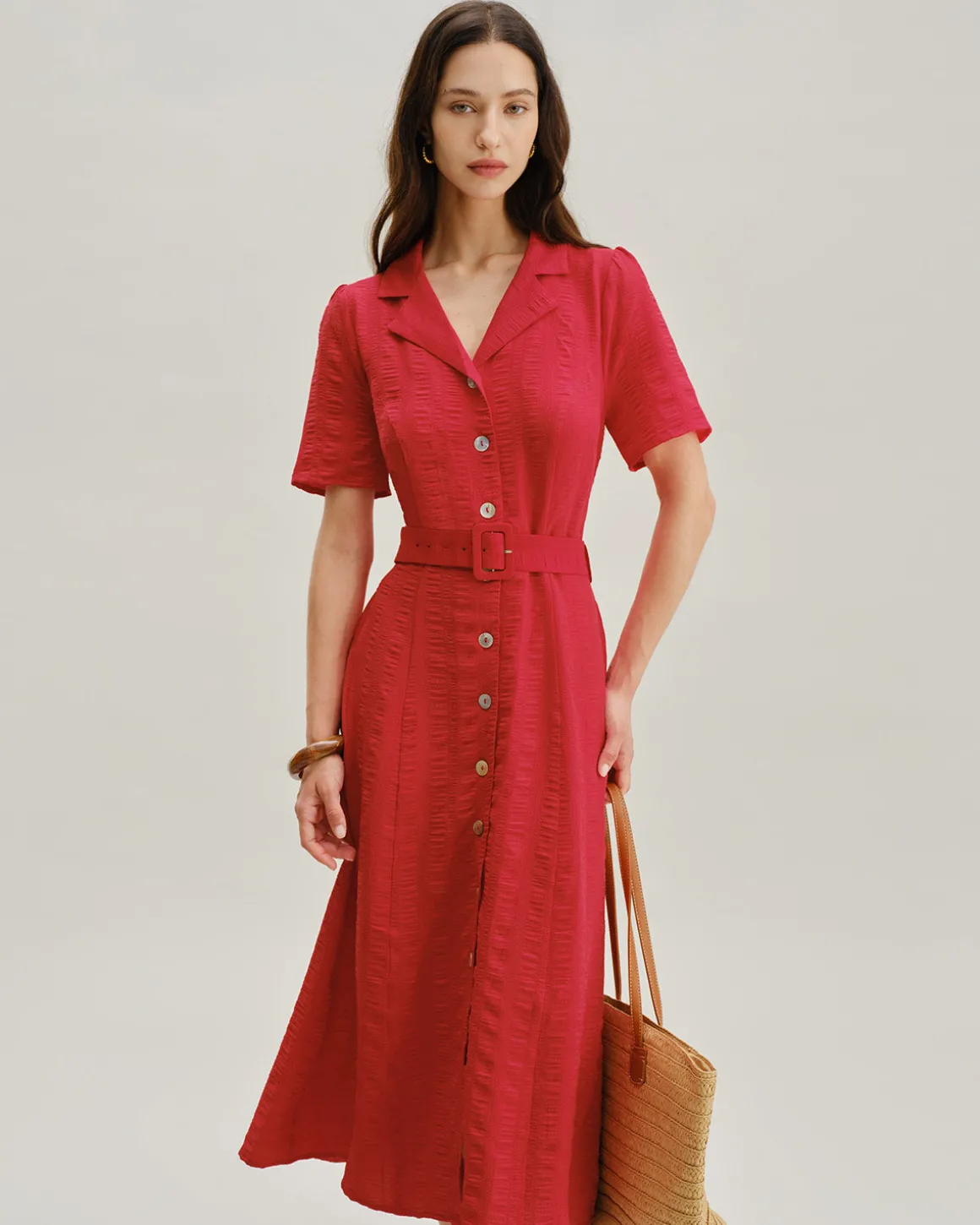 Red Belted A-Line Midi Dress