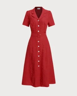 Red Belted A-Line Midi Dress