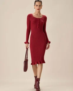 Red Bodycon Bell Sleeve Sweater Dress