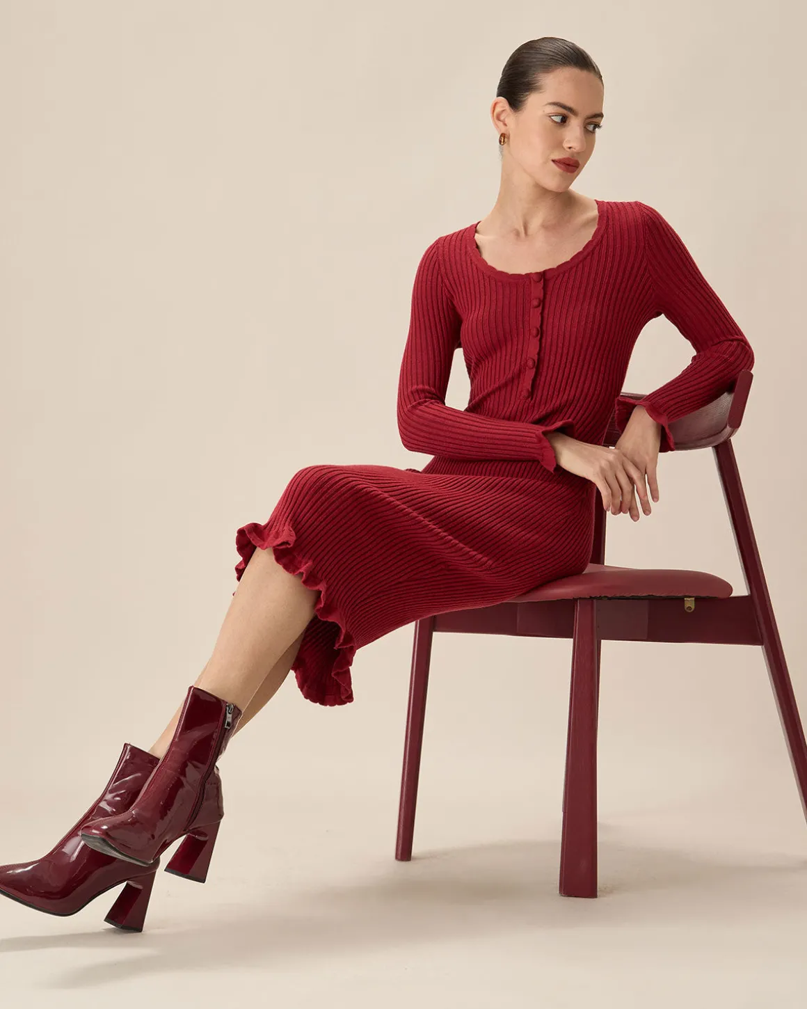 Red Bodycon Bell Sleeve Sweater Dress