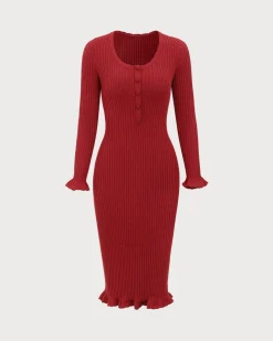 Red Bodycon Bell Sleeve Sweater Dress
