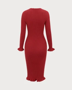 Red Bodycon Bell Sleeve Sweater Dress