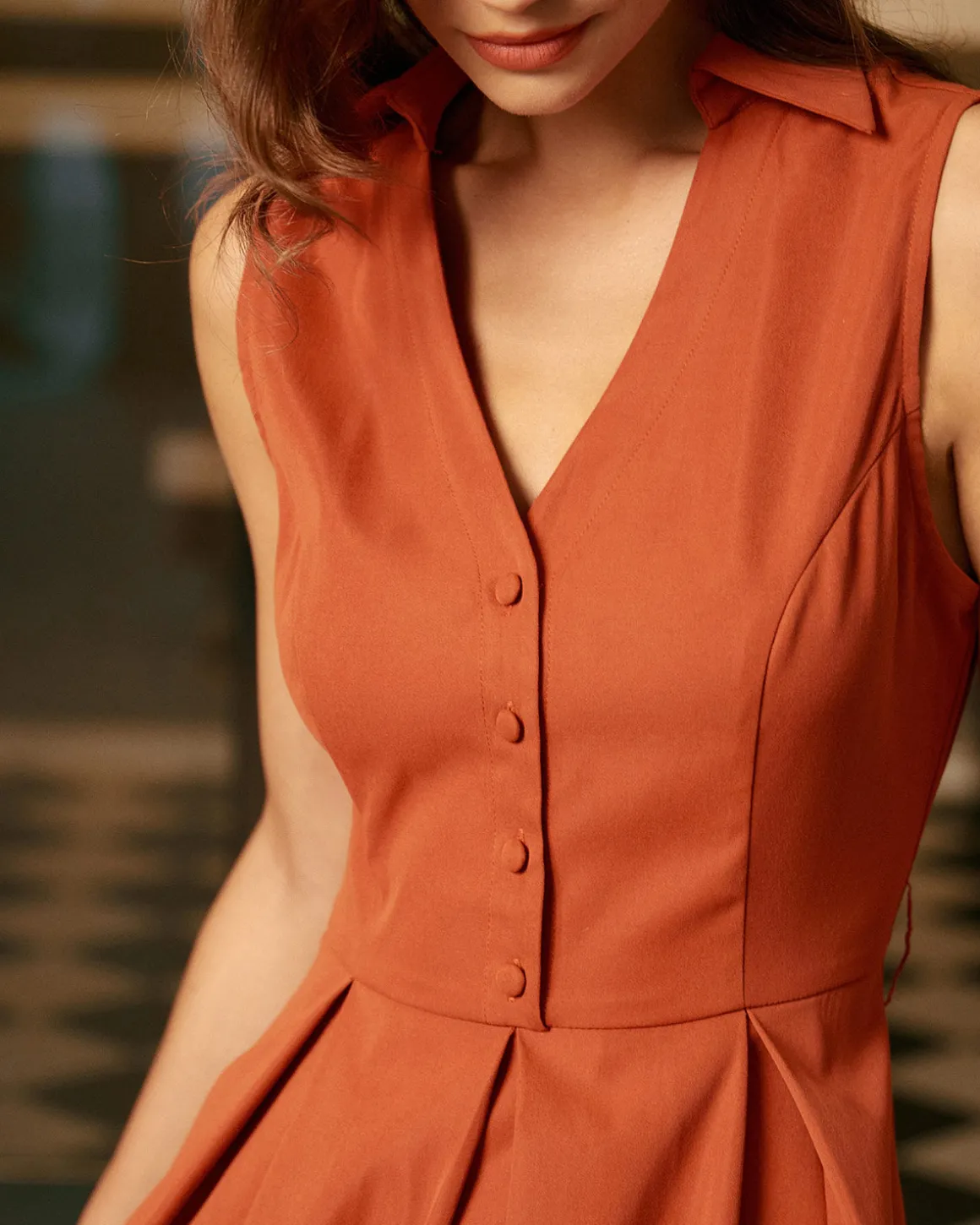 Red Button Sleeveless Midi Dress