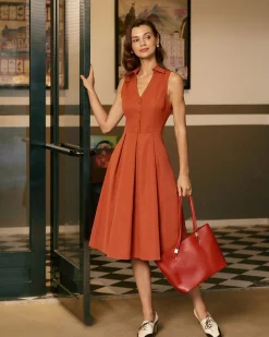 Red Button Sleeveless Midi Dress
