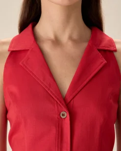 Red Collared Pocket Button Mini Dress