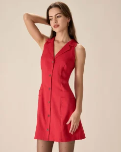 Red Collared Pocket Button Mini Dress