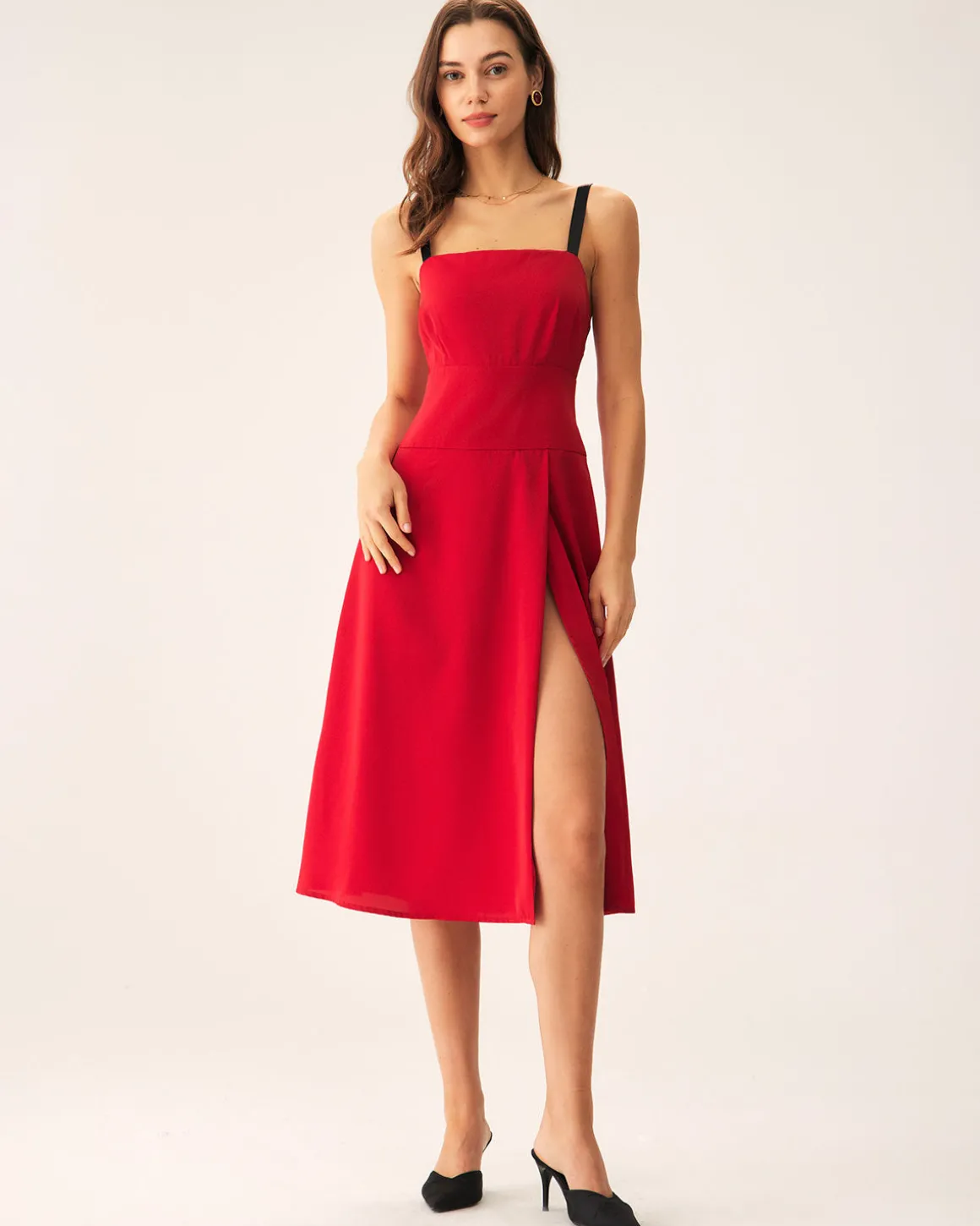 Red Contrast Slit Slip Midi Dress