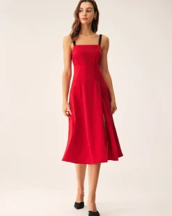 Red Contrast Slit Slip Midi Dress