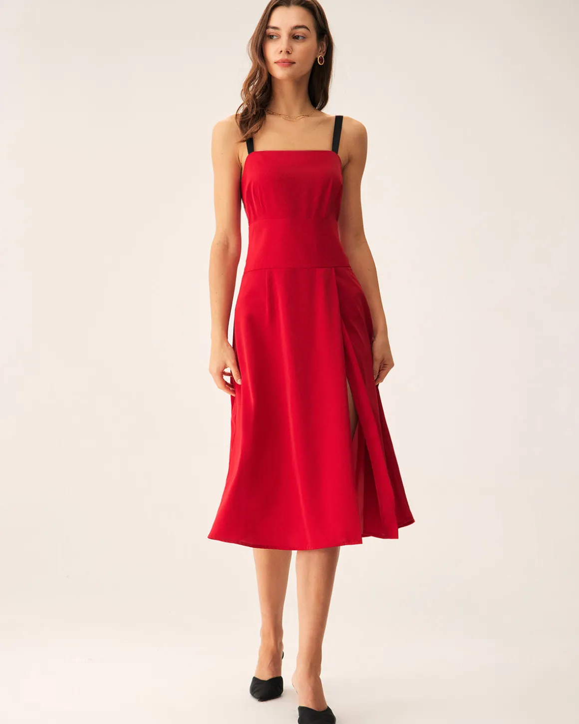 Red Contrast Slit Slip Midi Dress