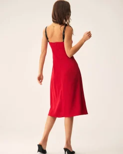 Red Contrast Slit Slip Midi Dress