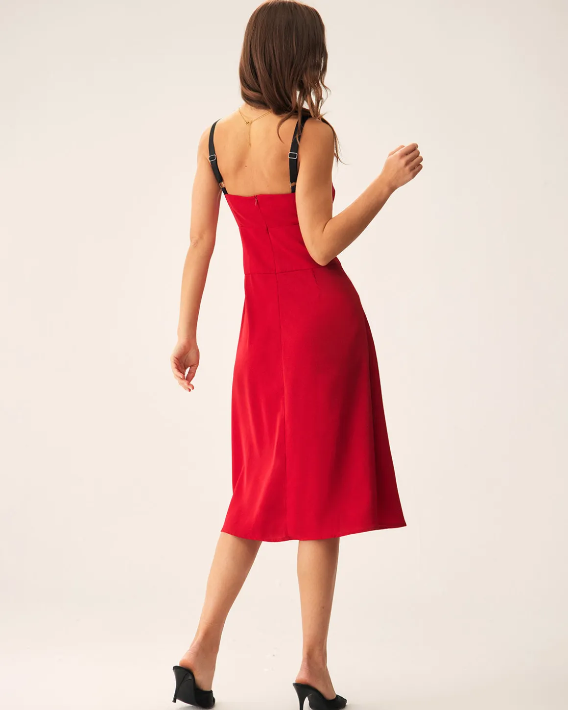 Red Contrast Slit Slip Midi Dress