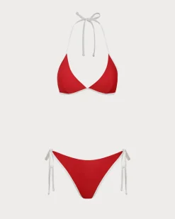 Red Contrasting Halter Triangle Bikini Set