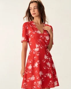 Red Floral A-Line Wrap Mini Dress