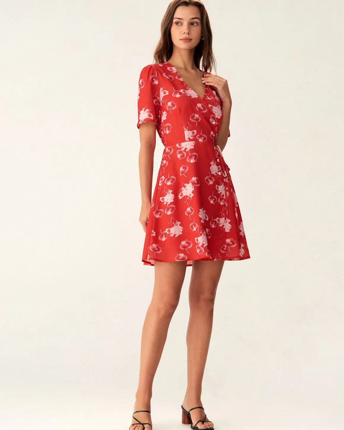 Red Floral A-Line Wrap Mini Dress