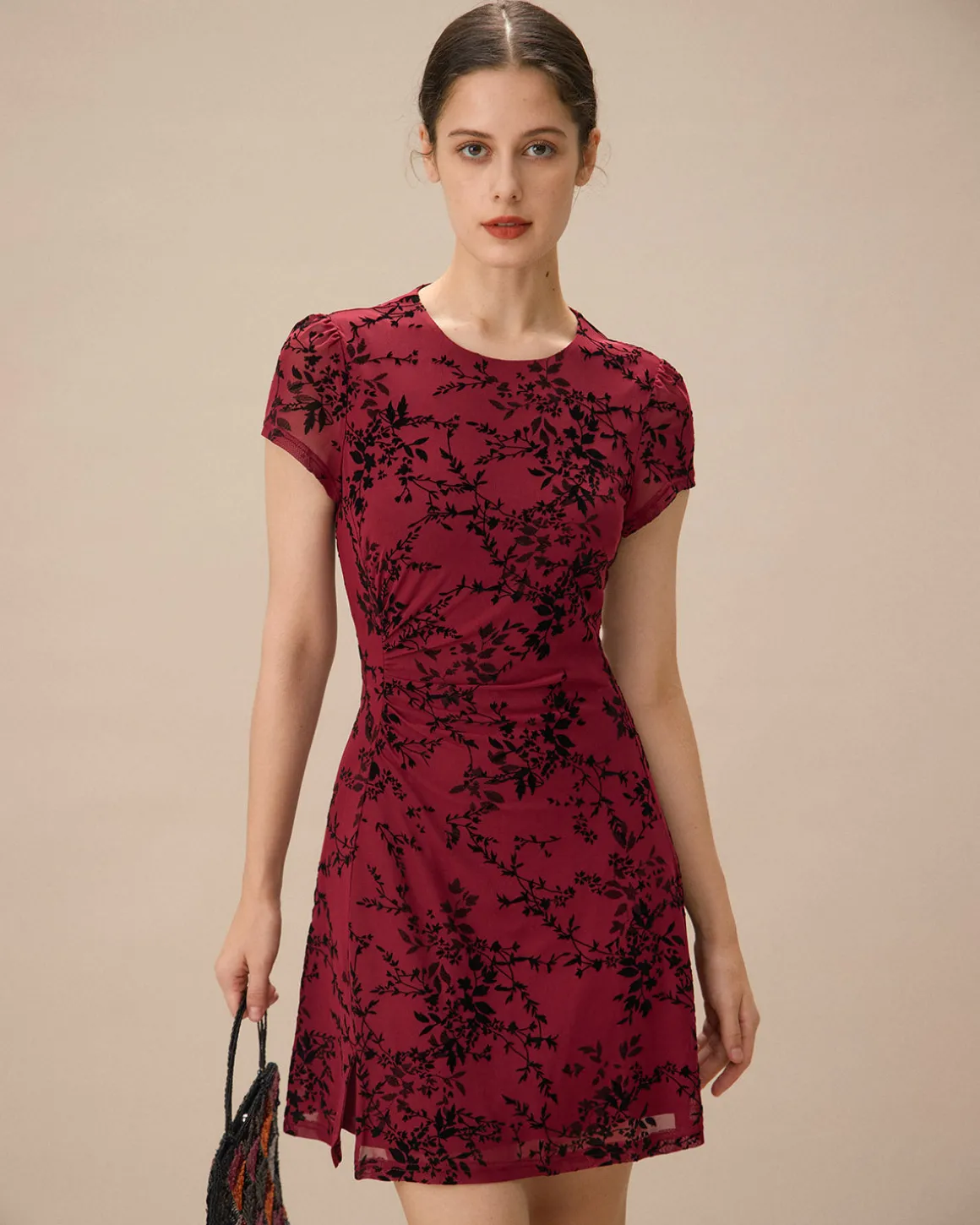 Red Floral Boat Neck Mini Dress