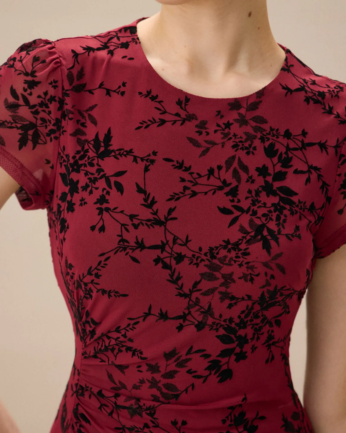 Red Floral Boat Neck Mini Dress