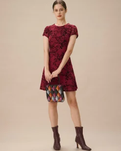 Red Floral Boat Neck Mini Dress