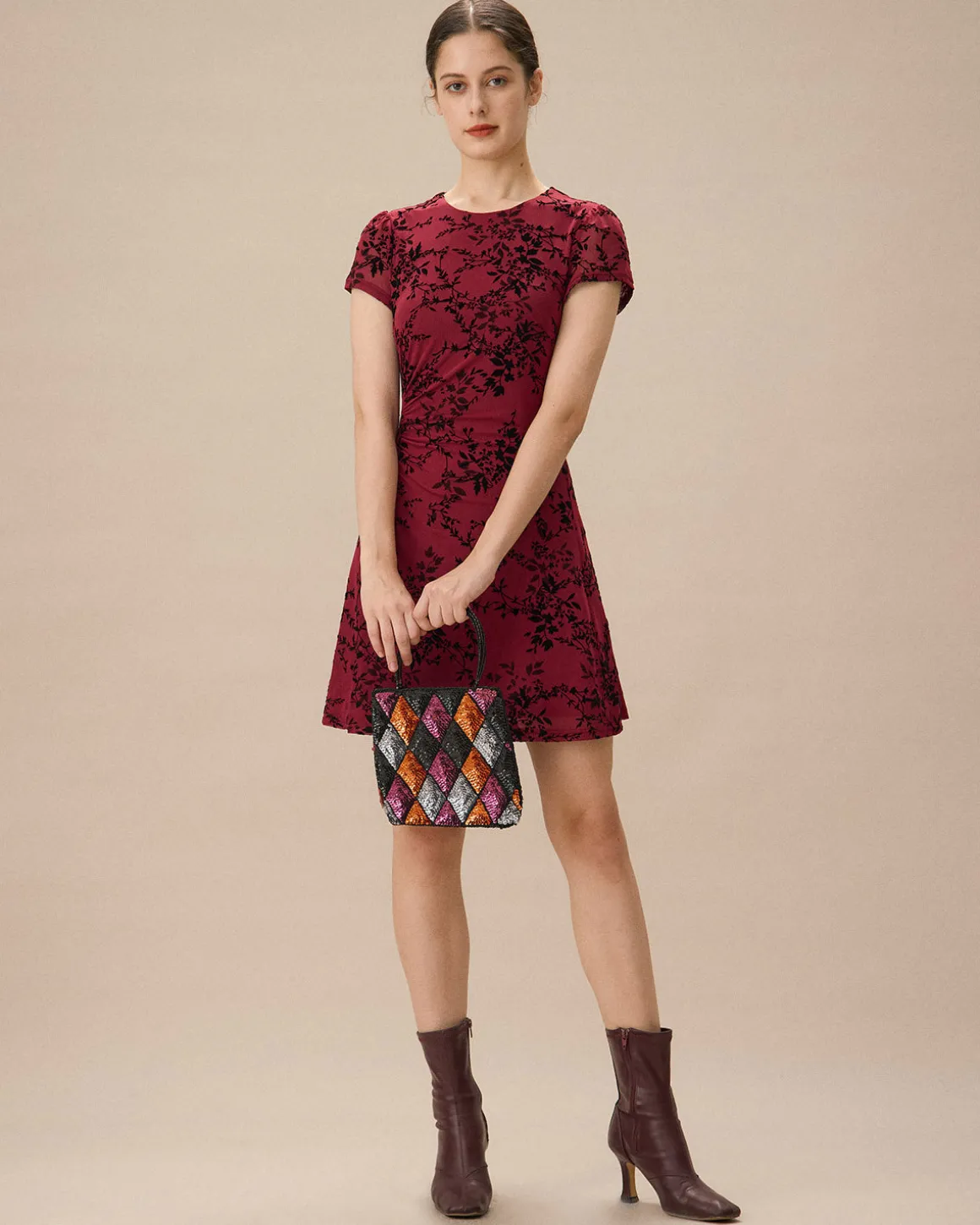 Red Floral Boat Neck Mini Dress