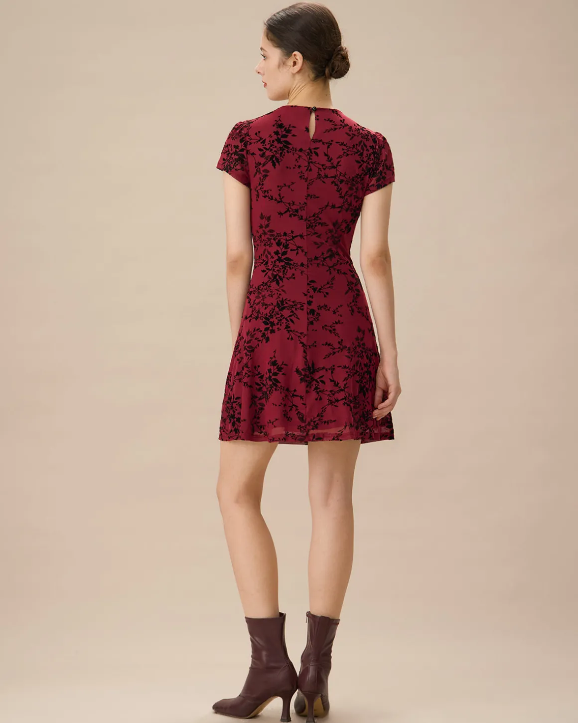 Red Floral Boat Neck Mini Dress