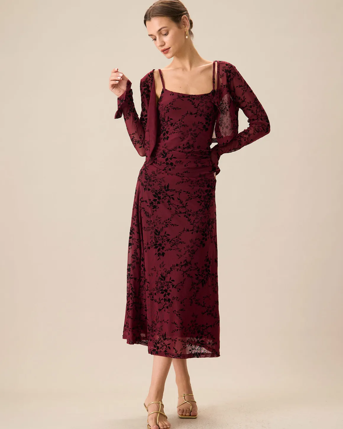 Red Floral Bodycon Slip Midi Dress