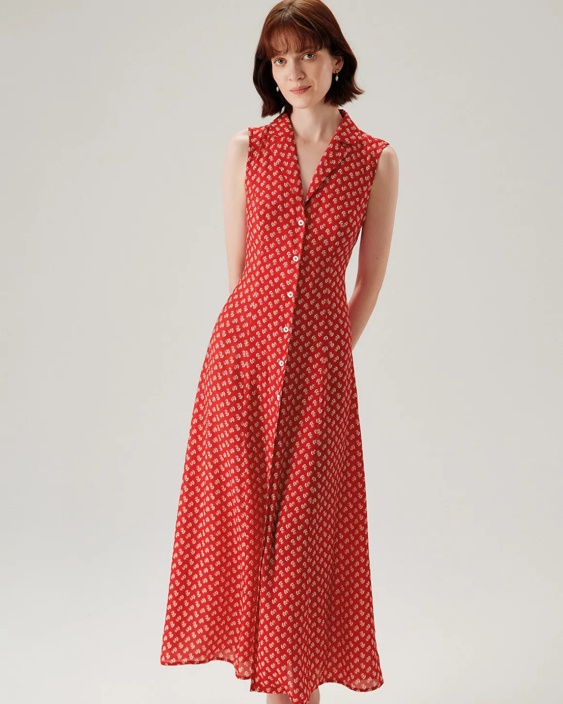 Red Floral Button Sleeveless Maxi Dress