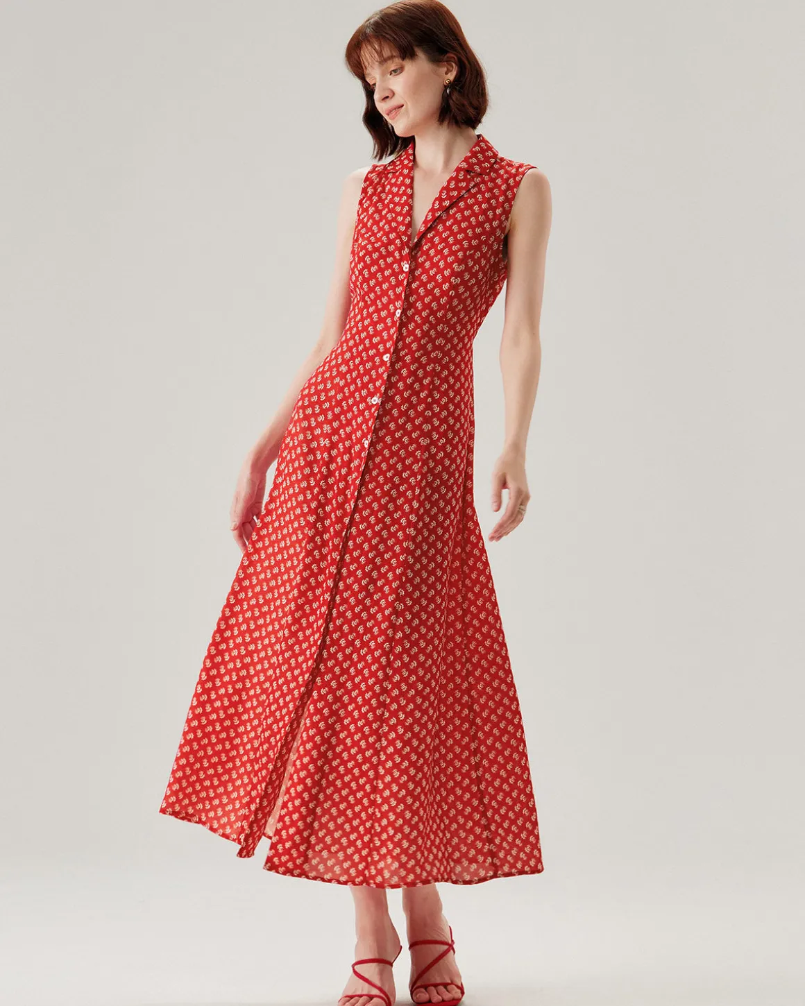 Red Floral Button Sleeveless Maxi Dress