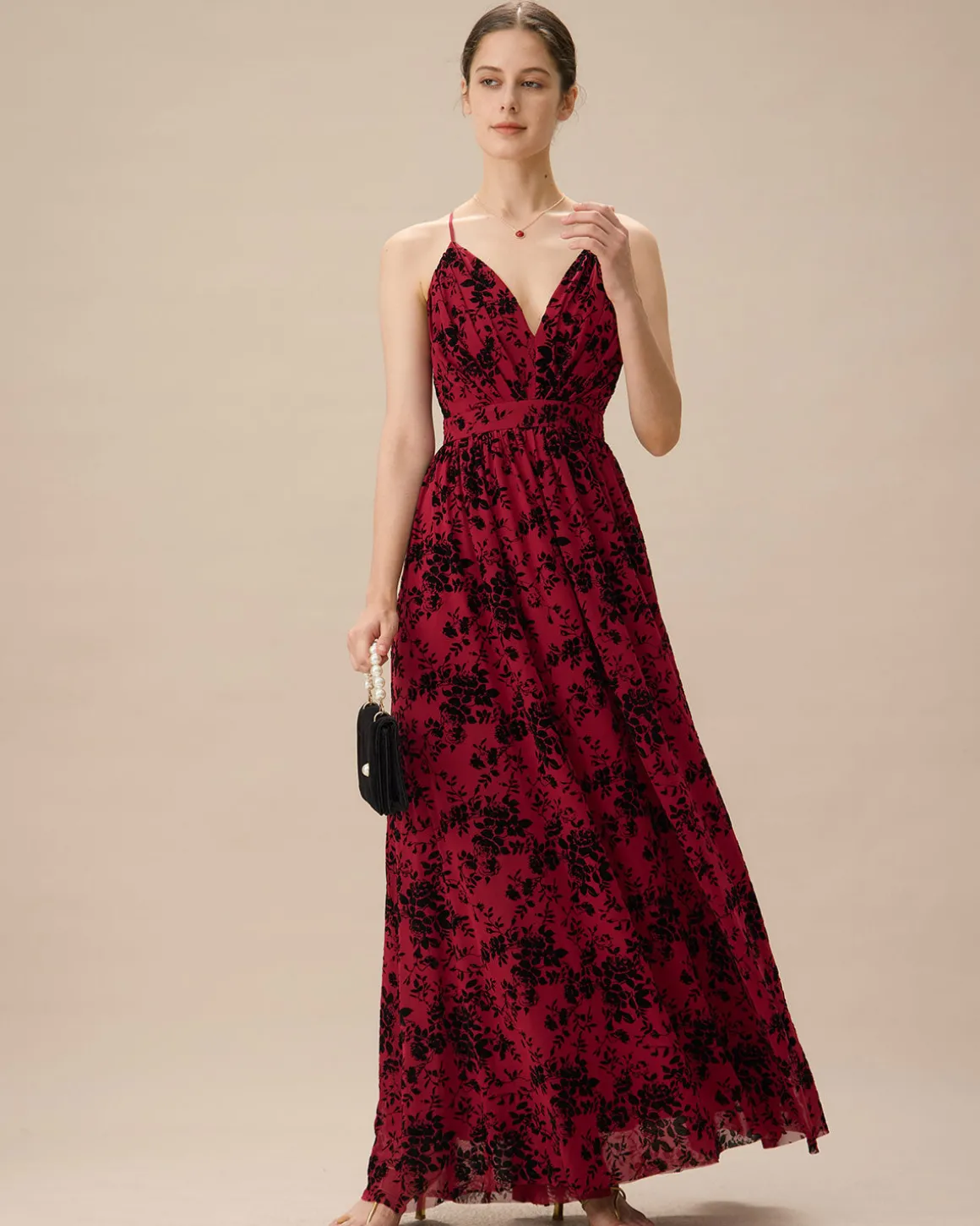 Red Floral Flocked Mesh Slit Maxi Dress