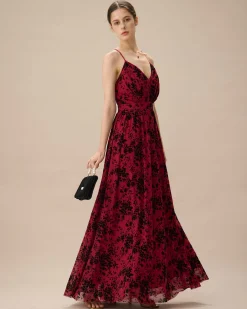 Red Floral Flocked Mesh Slit Maxi Dress