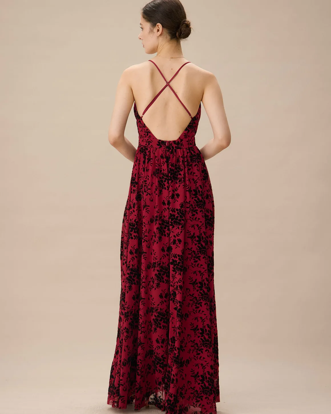 Red Floral Flocked Mesh Slit Maxi Dress