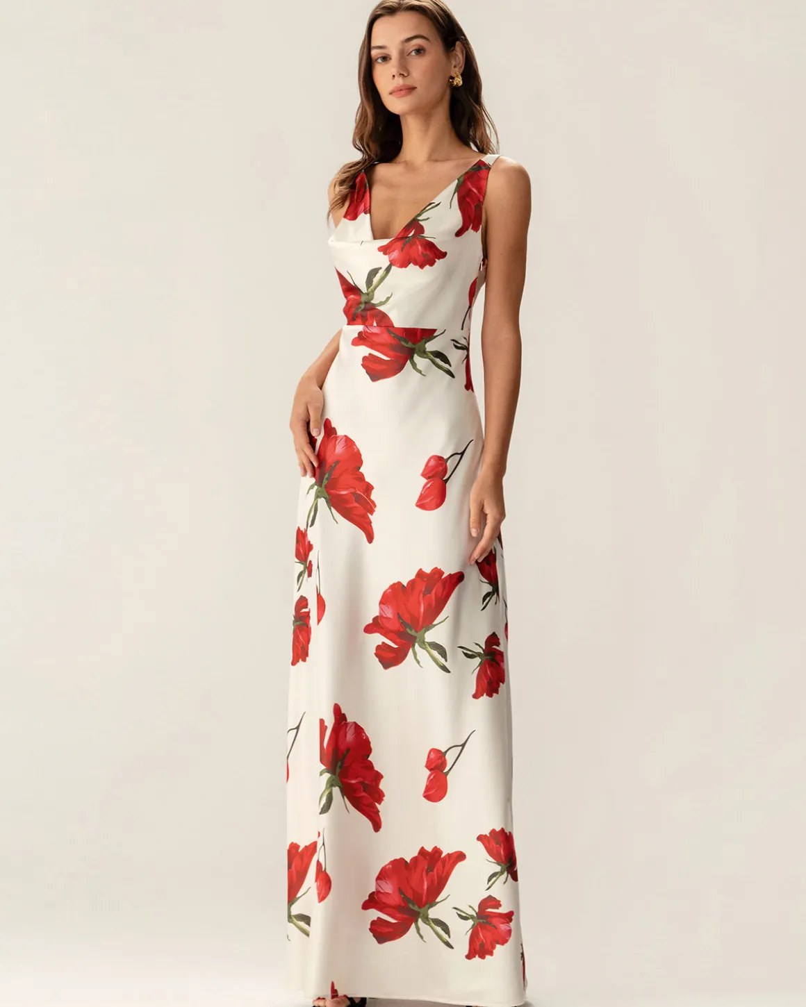 Red Floral Satin Slip Maxi Dress