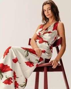 Red Floral Satin Slip Maxi Dress