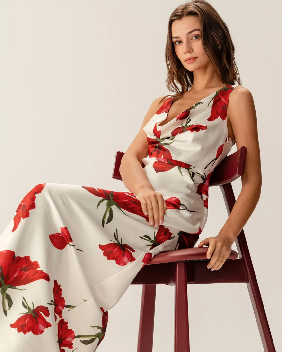 Red Floral Satin Slip Maxi Dress
