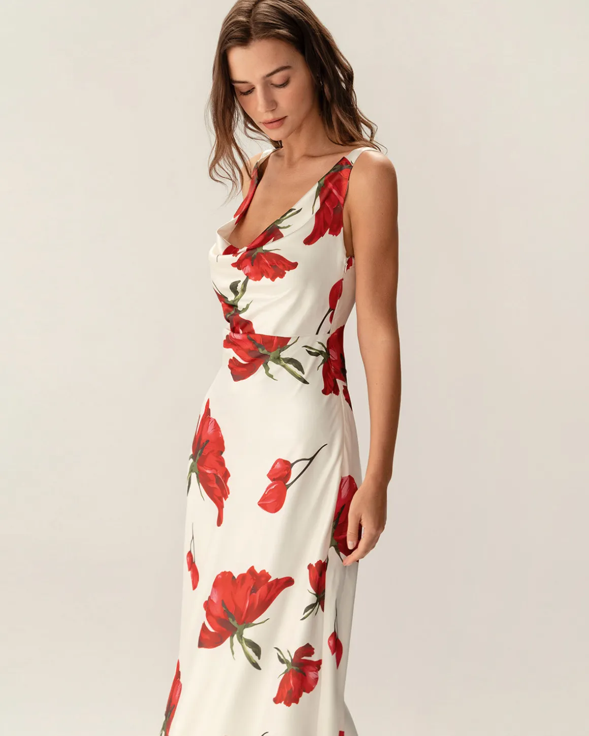 Red Floral Satin Slip Maxi Dress