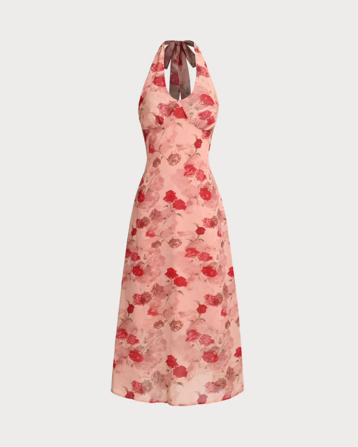 Red Floral Shirred Halter Maxi Dress