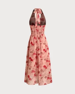 Red Floral Shirred Halter Maxi Dress
